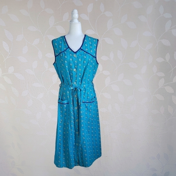 Vintage Cottagecore Floral Button Front Midi Dress Cerulean Blue Cotton V-Neck - Picture 6 of 15